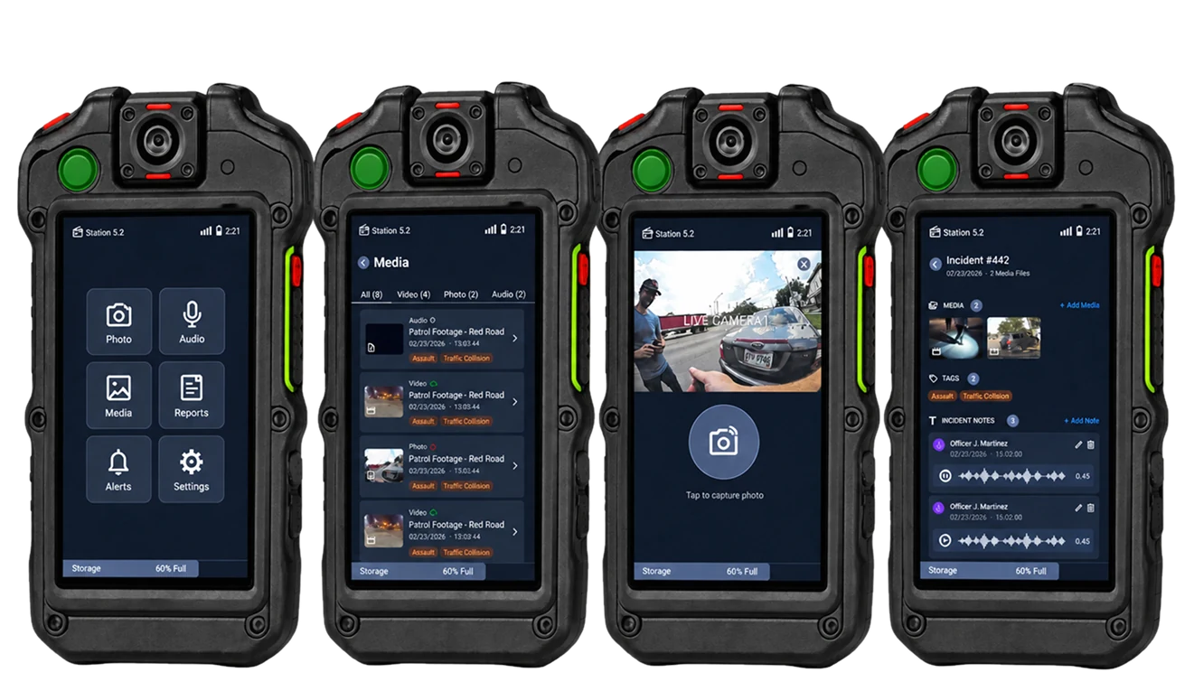 Four Duty Calls screens on the body-worn camera: home, media, live camera and incident notes