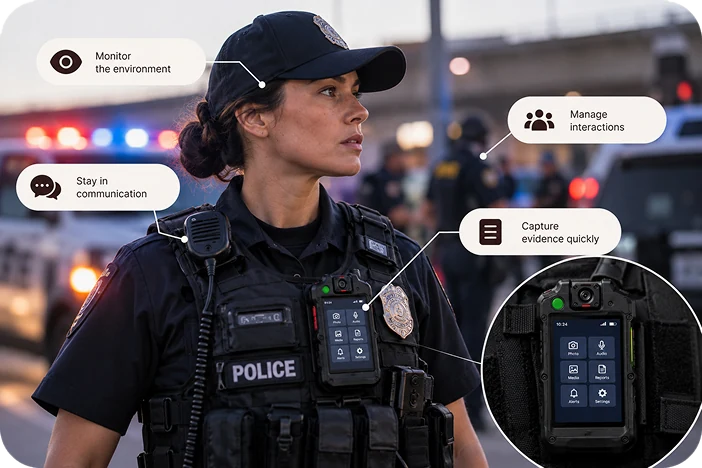 Public safety officer wearing the body-worn camera, with callouts: monitor the environment, stay in communication, manage interactions, capture evidence quickly