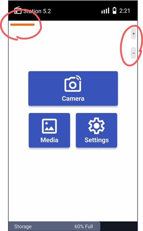 Version 1 home screen with the volume controls and emergency bar circled