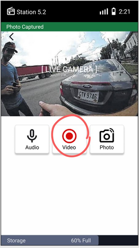 Version 1 live camera screen with the on-screen Video button circled