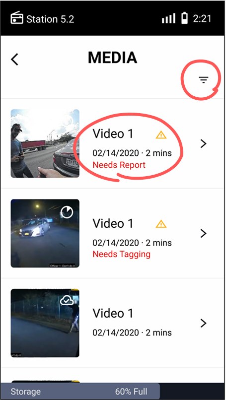 Version 1 media list with the filter and Needs Report label circled