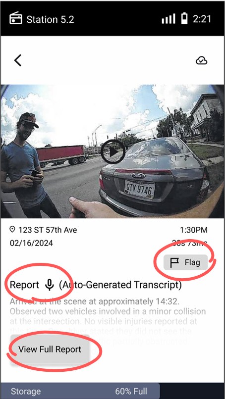 Version 1 media detail with the report, flag and View Full Report controls circled