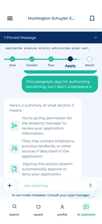 Pinned message banner in an application chat