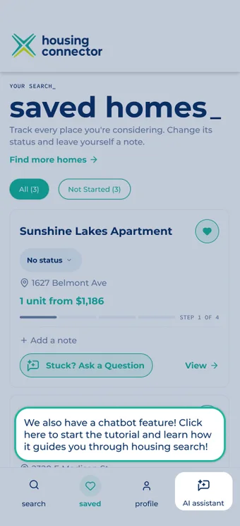 Saved homes screen prompting the tutorial