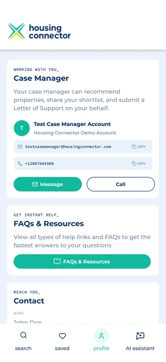 Profile screen with FAQs and resources entry