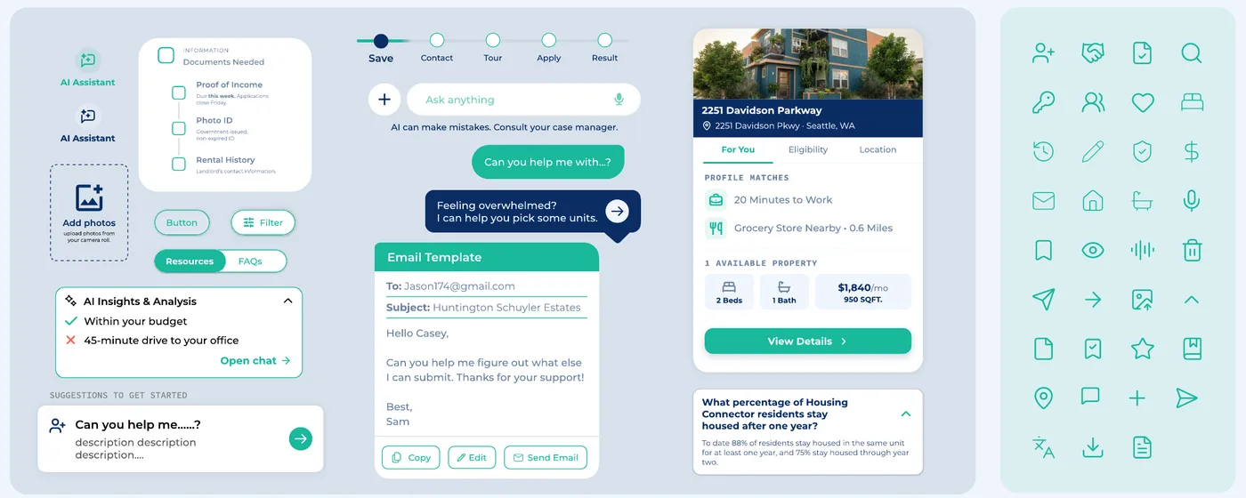 Style guide with AI assistant icons, buttons, property card, email template, FAQ and icon set