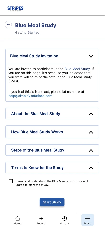 Blue Meal Study getting started screen
