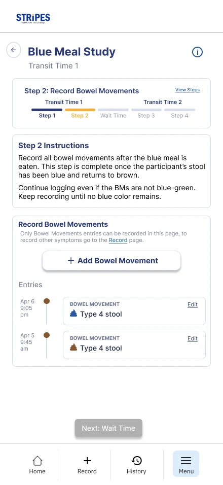 Study log showing two bowel movements