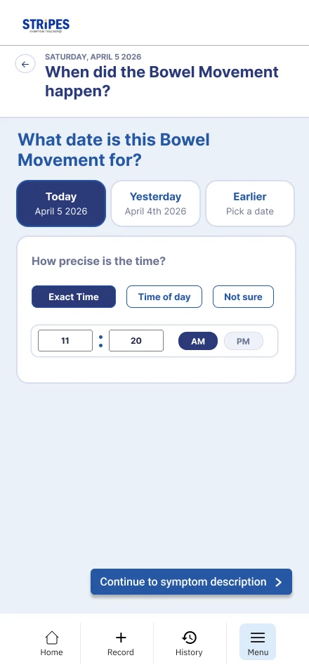 Date and time selection for a bowel movement
